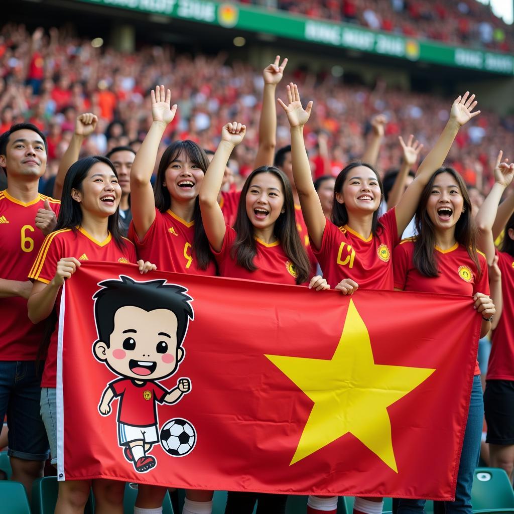 Vietnamese Football Fans Cheering with Chibi Player Banner