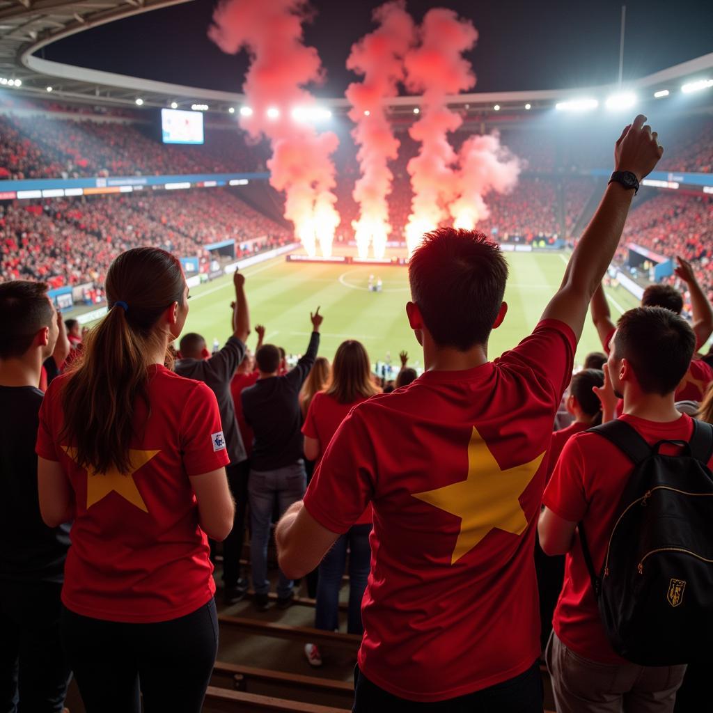 A group of Vietnamese football fans cheering enthusiastically in the stands of a Norwegian stadium