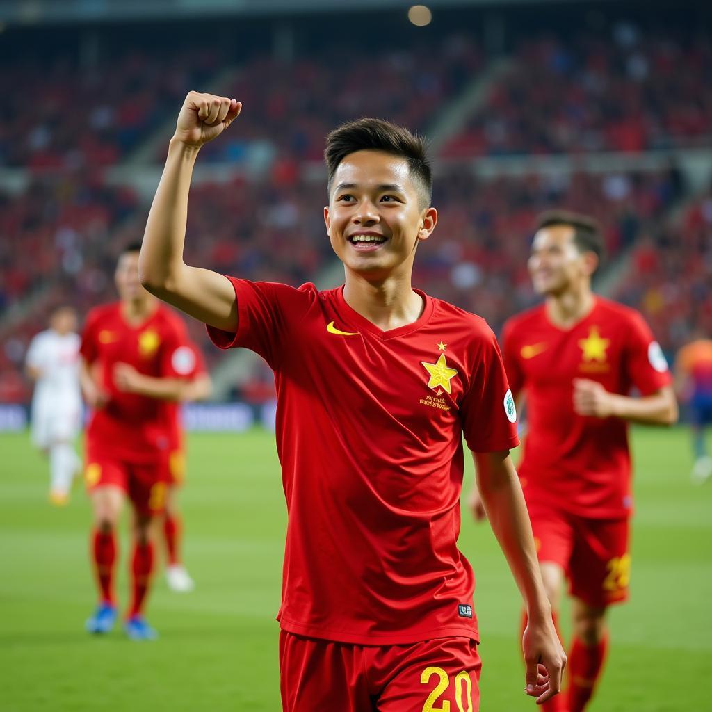 Vietnamese football player celebrating a goal after scoring