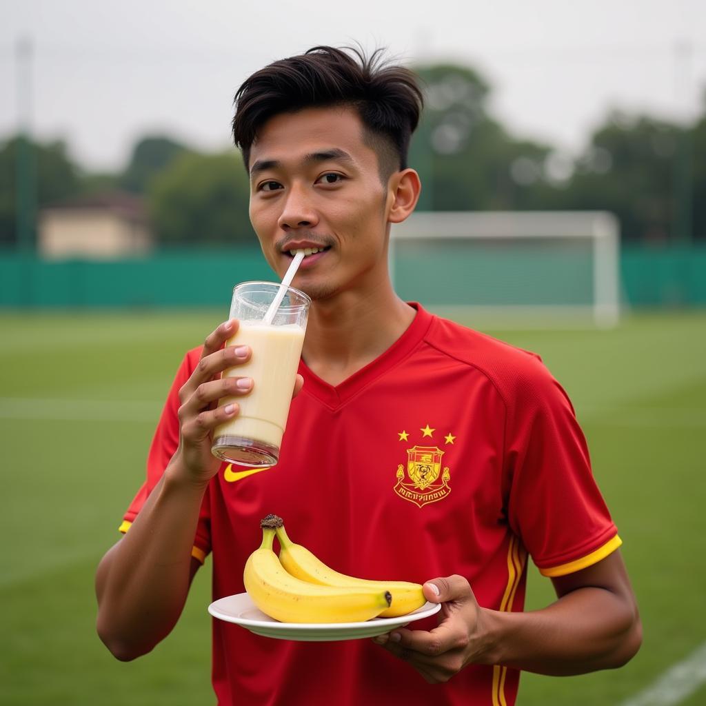 Vietnamese Football Player Eating a Post-Game Meal