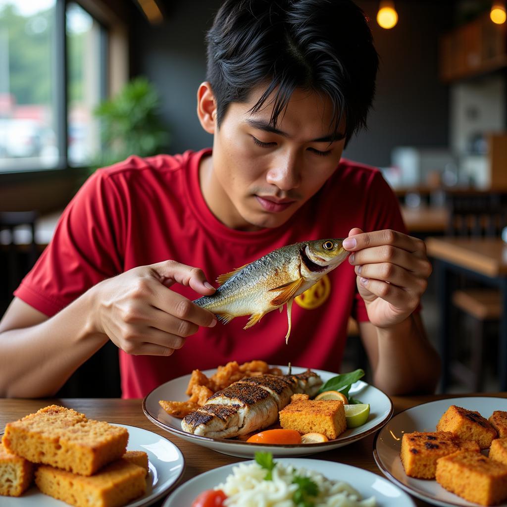 Vietnamese Football Player Eating Protein-Rich Foods