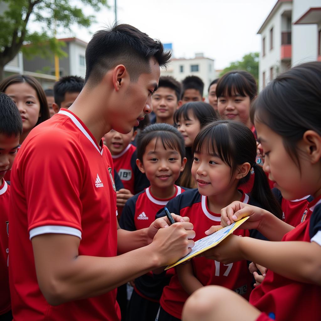 A Vietnamese football player interacts with fans, signing autographs