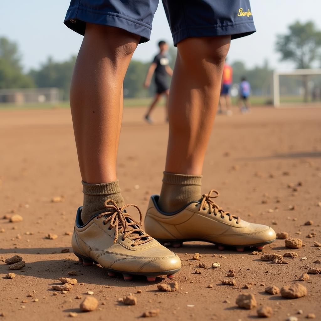 Vietnamese football player playing with torn shoes