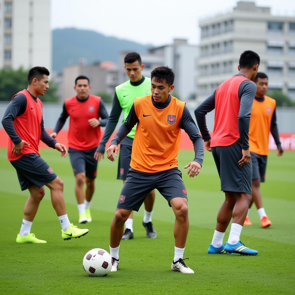 Vietnamese football players training on the field