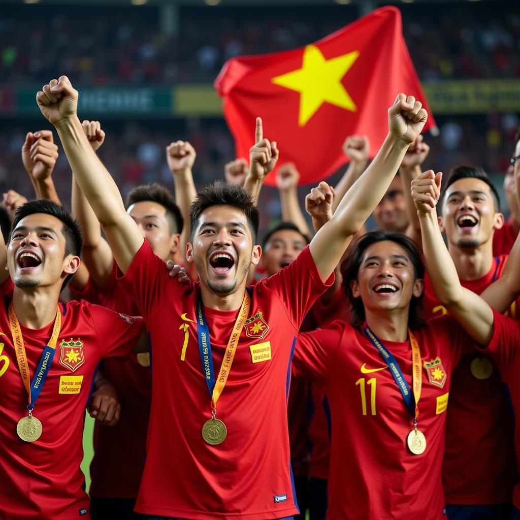 Vietnamese football team celebrating a victory