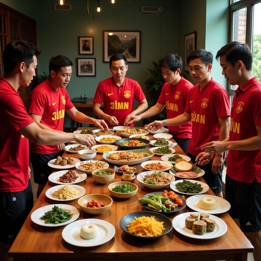 A Vietnamese football team sharing a meal together