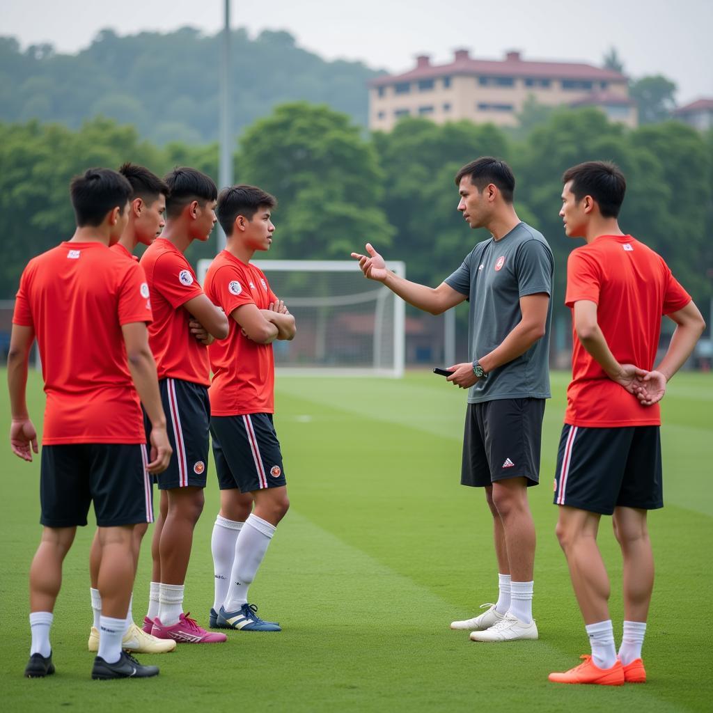 Vietnamese football team engaged in tactical discussion