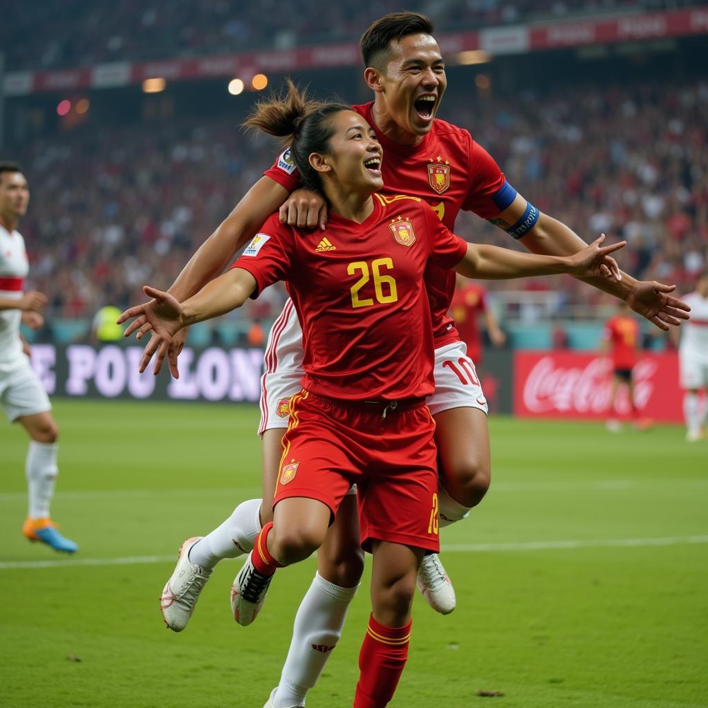 Vietnamese footballer celebrating a goal with his girlfriend