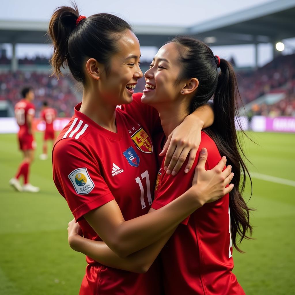 Vietnamese footballer and his girlfriend share a tender moment after a victorious match