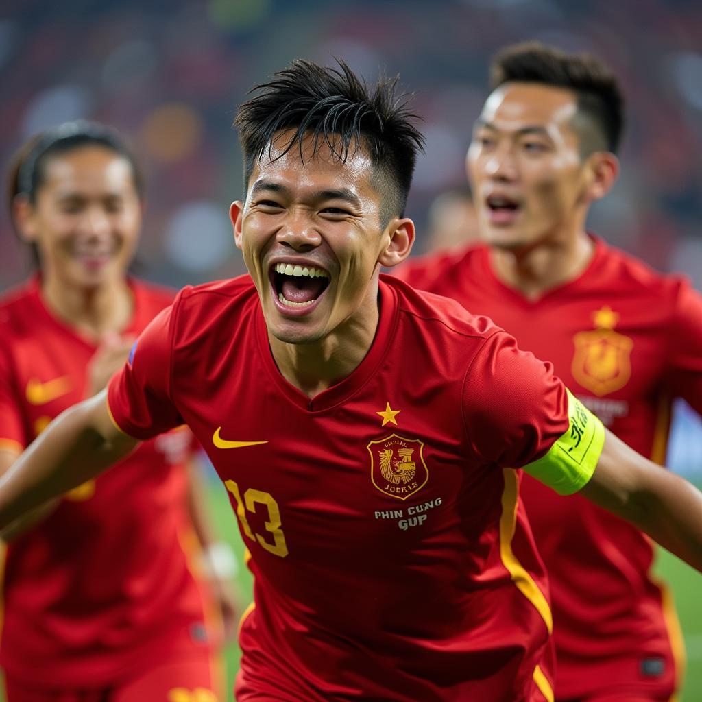 Vietnamese footballer celebrating a goal