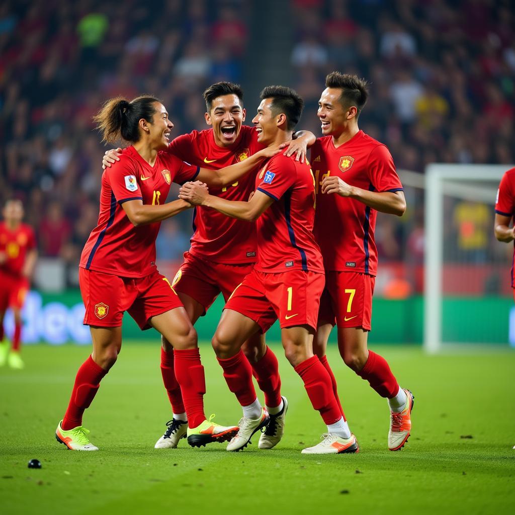 Vietnamese footballer celebrates a goal with teammates