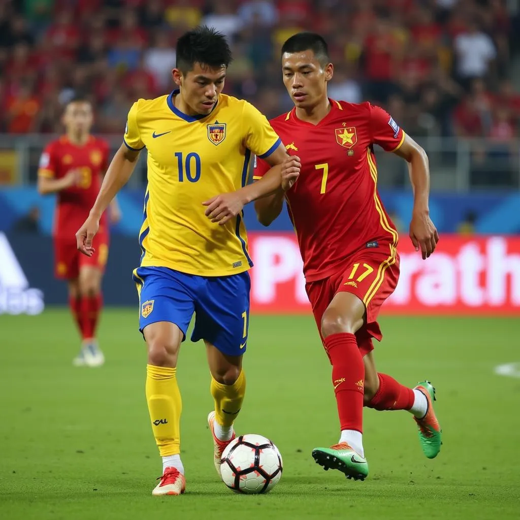 A Vietnamese football player dribbling past an opponent