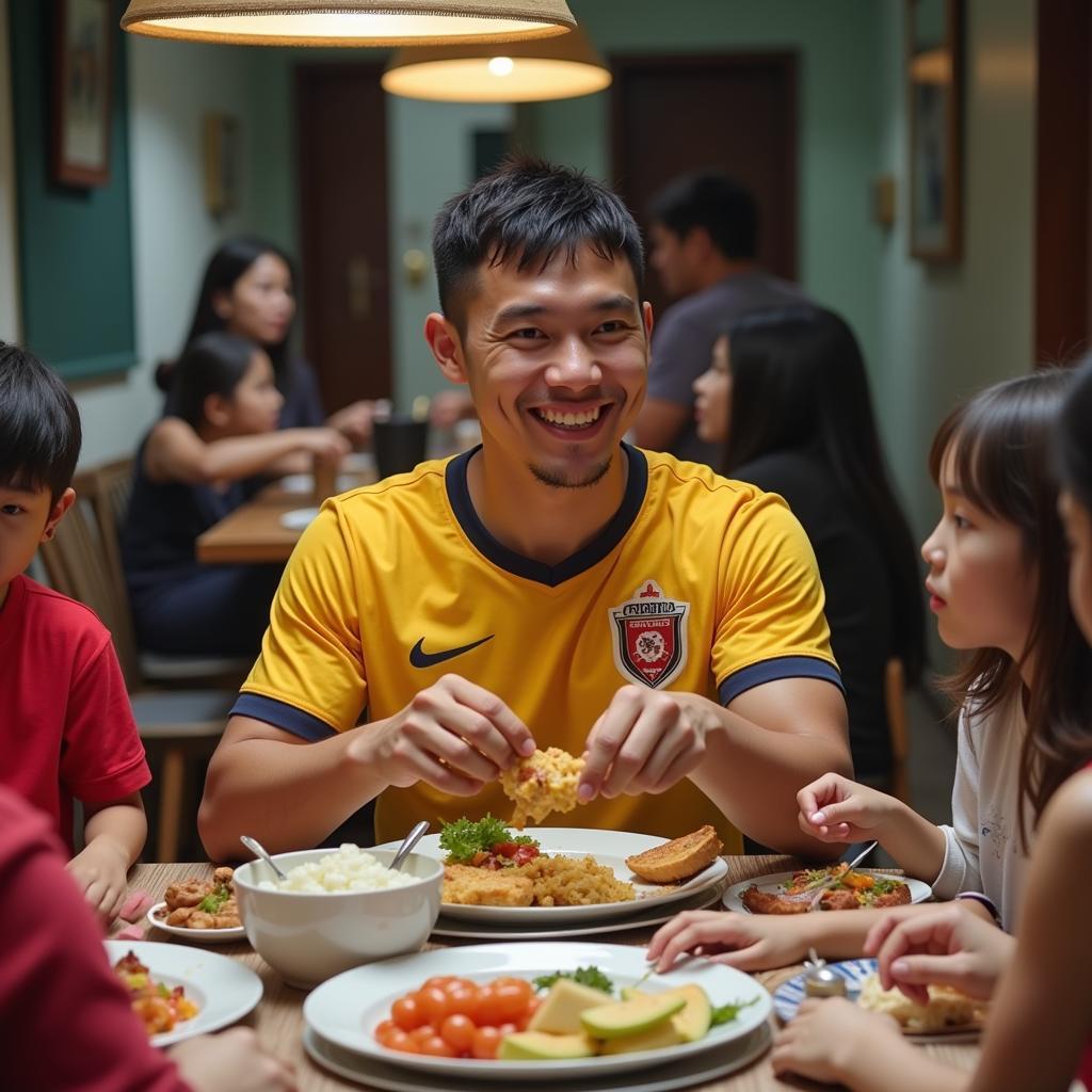 A Vietnamese football player spending leisure time with family