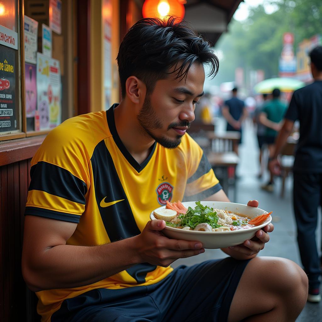 A Vietnamese footballer enjoying a bowl of pho after training