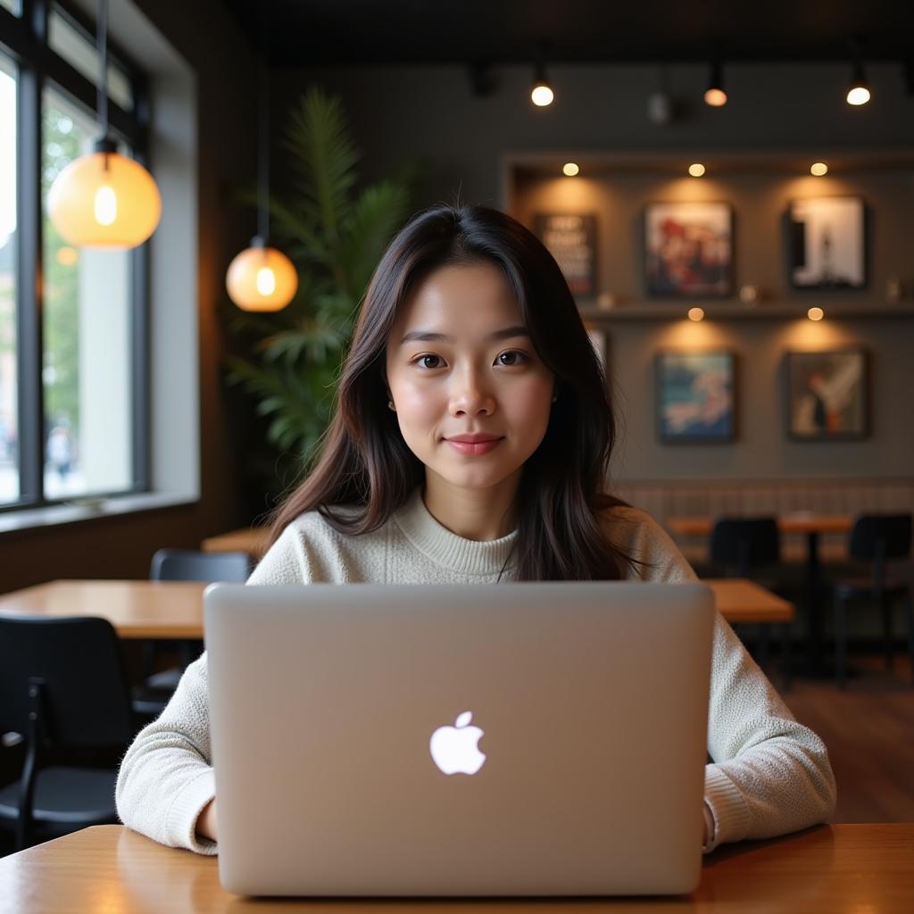 Vietnamese footballer's girlfriend working on her laptop