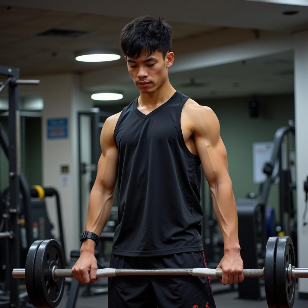 Vietnamese footballer undergoing rigorous gym training