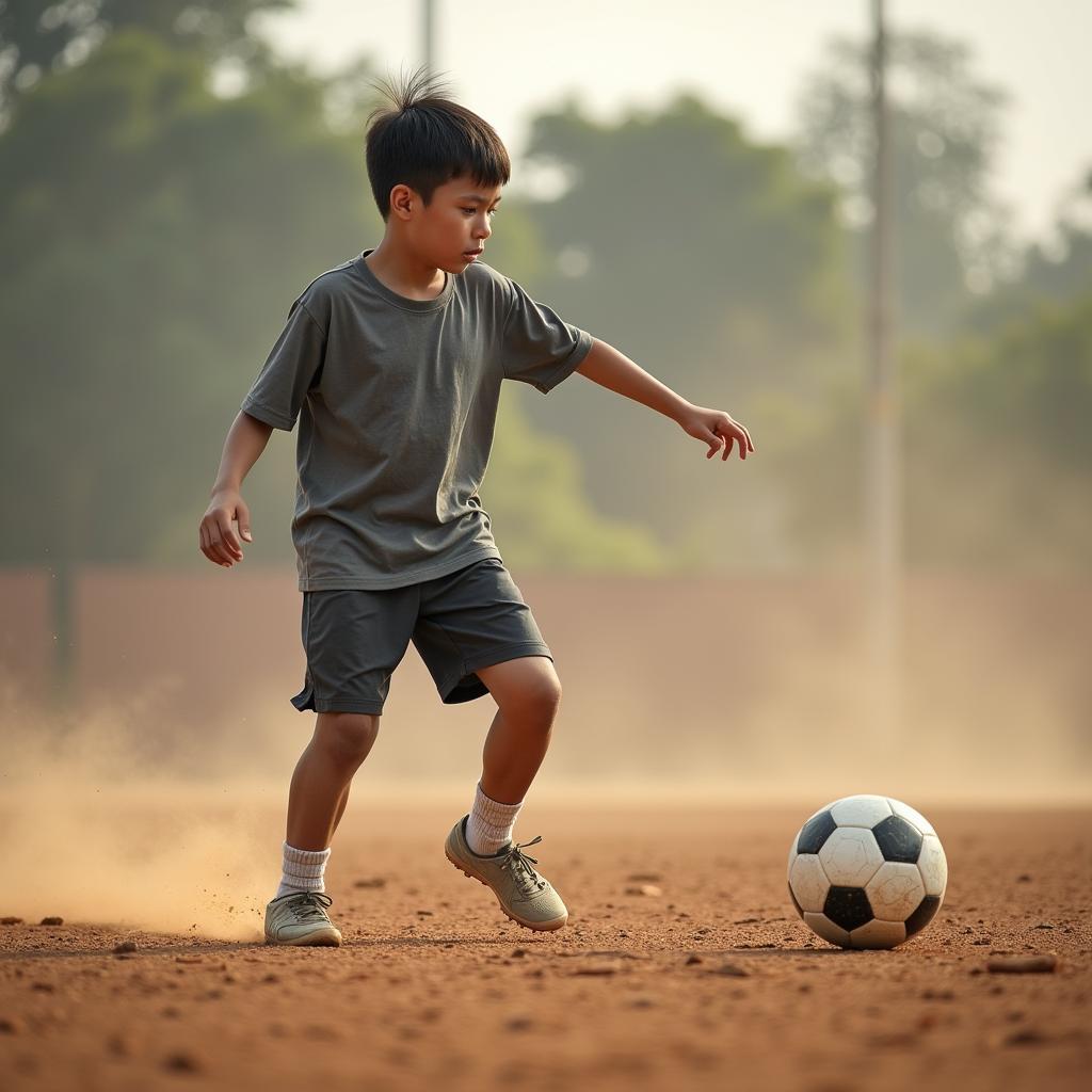 Vietnamese footballer training hard on the pitch