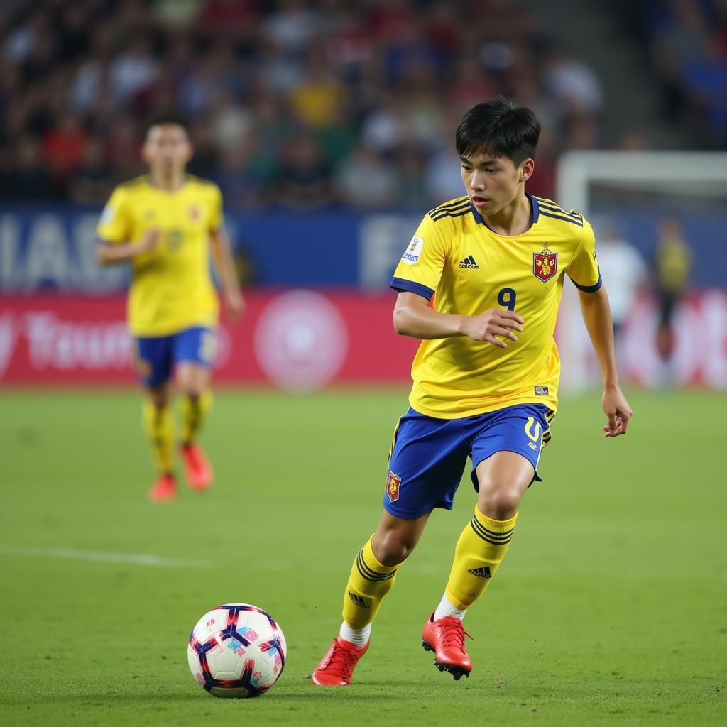 Vietnamese-Korean footballer showcasing skills during a match.