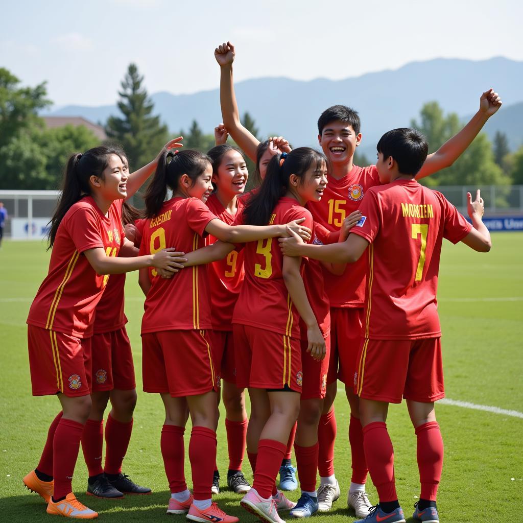 Vietnamese-Korean youth football team celebrating a victory.