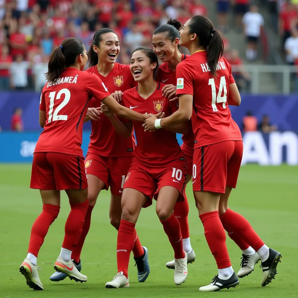 Vietnamese midfielders celebrating a goal during the 2018 AFF Cup.