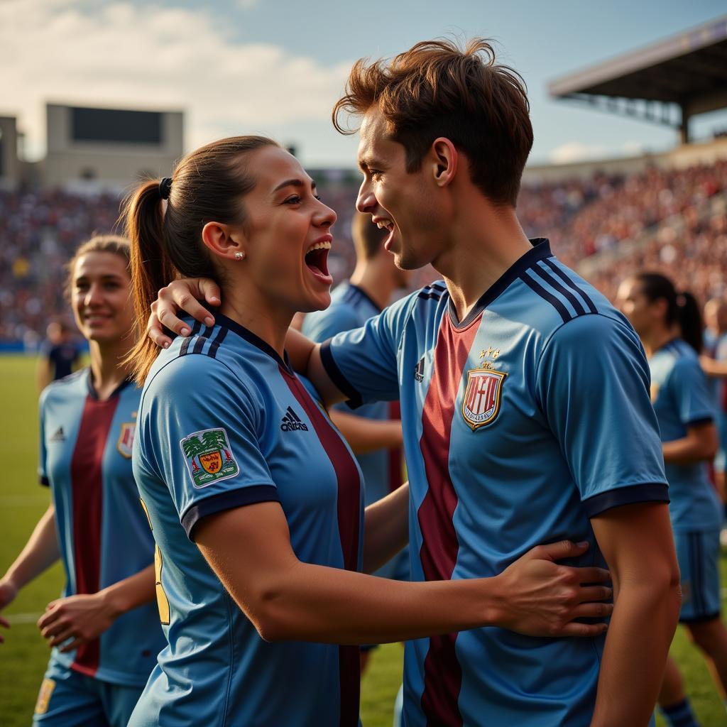 A Vietnamese-Norwegian footballer celebrates scoring a goal with his teammates, a look of pure joy on his face