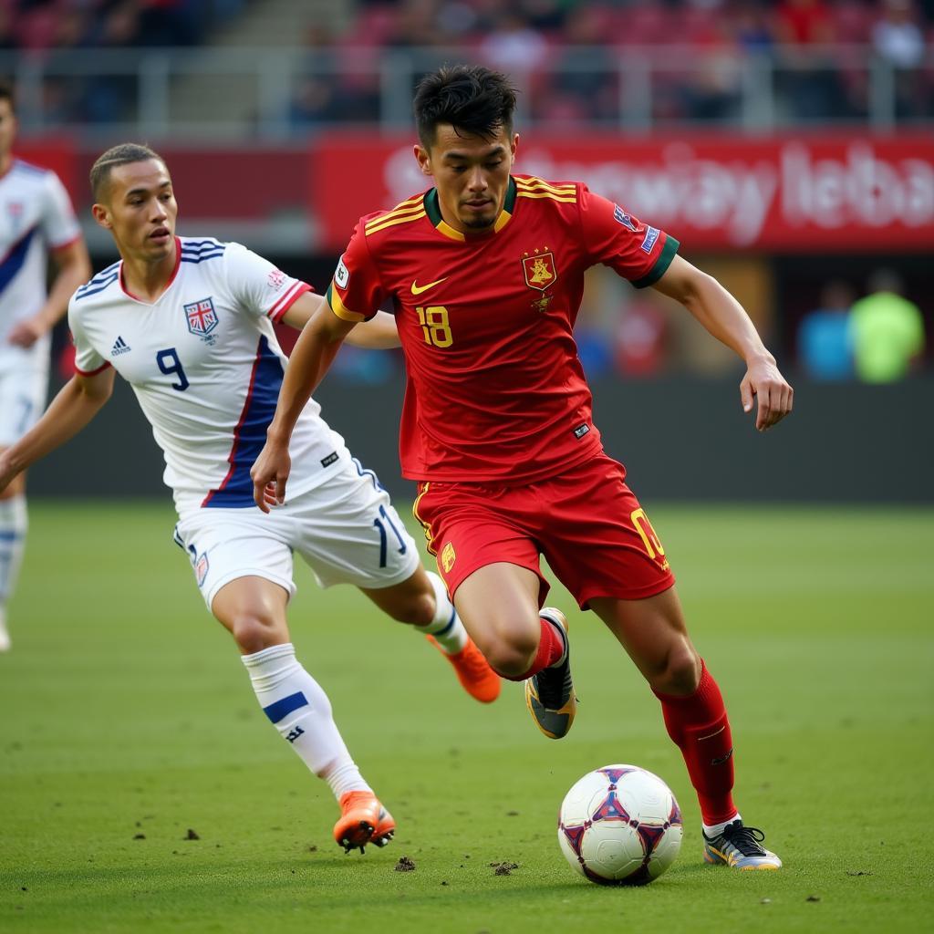 A young Vietnamese-Norwegian footballer dribbling the ball in a professional match