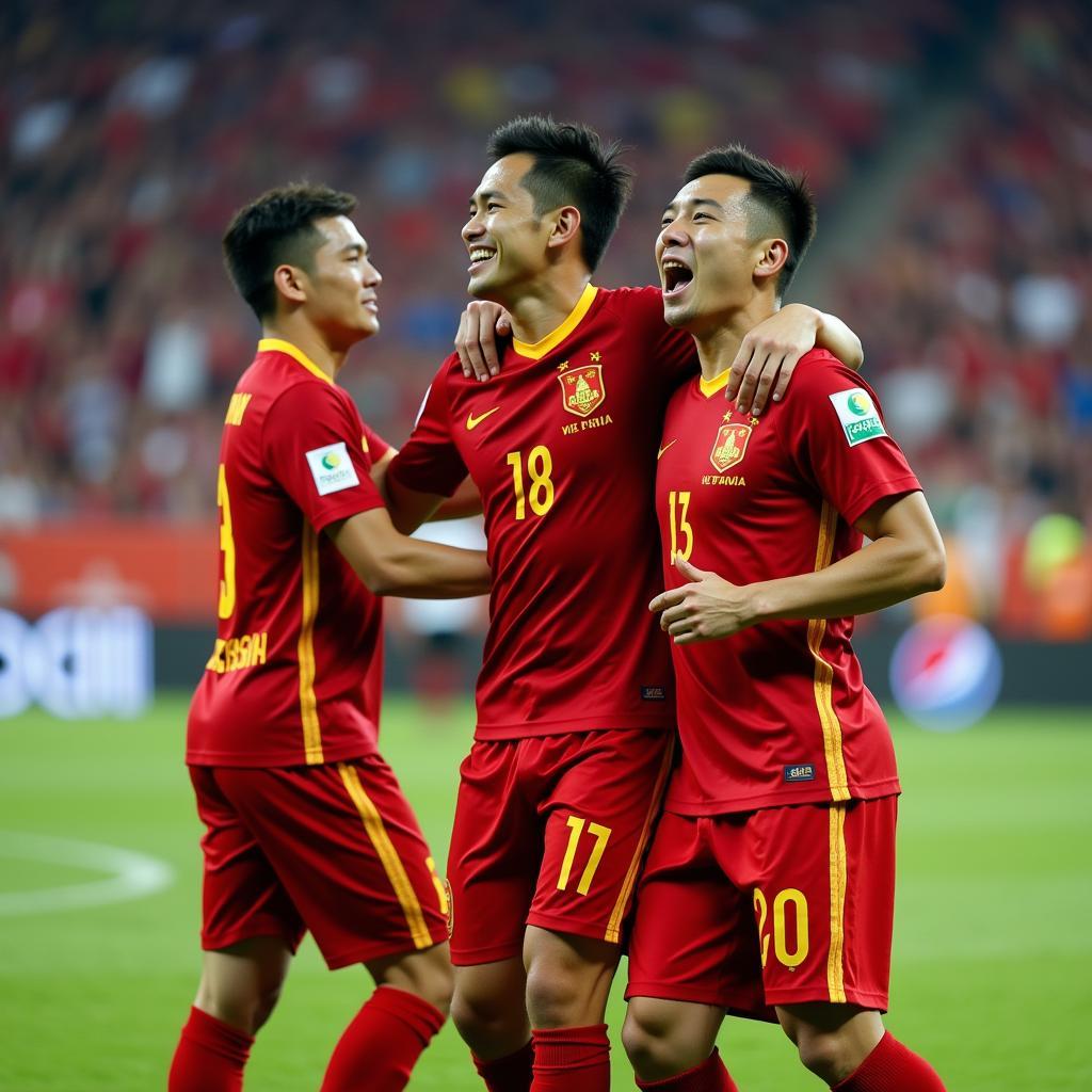 Vietnamese Player Celebrating Goal with Teammates