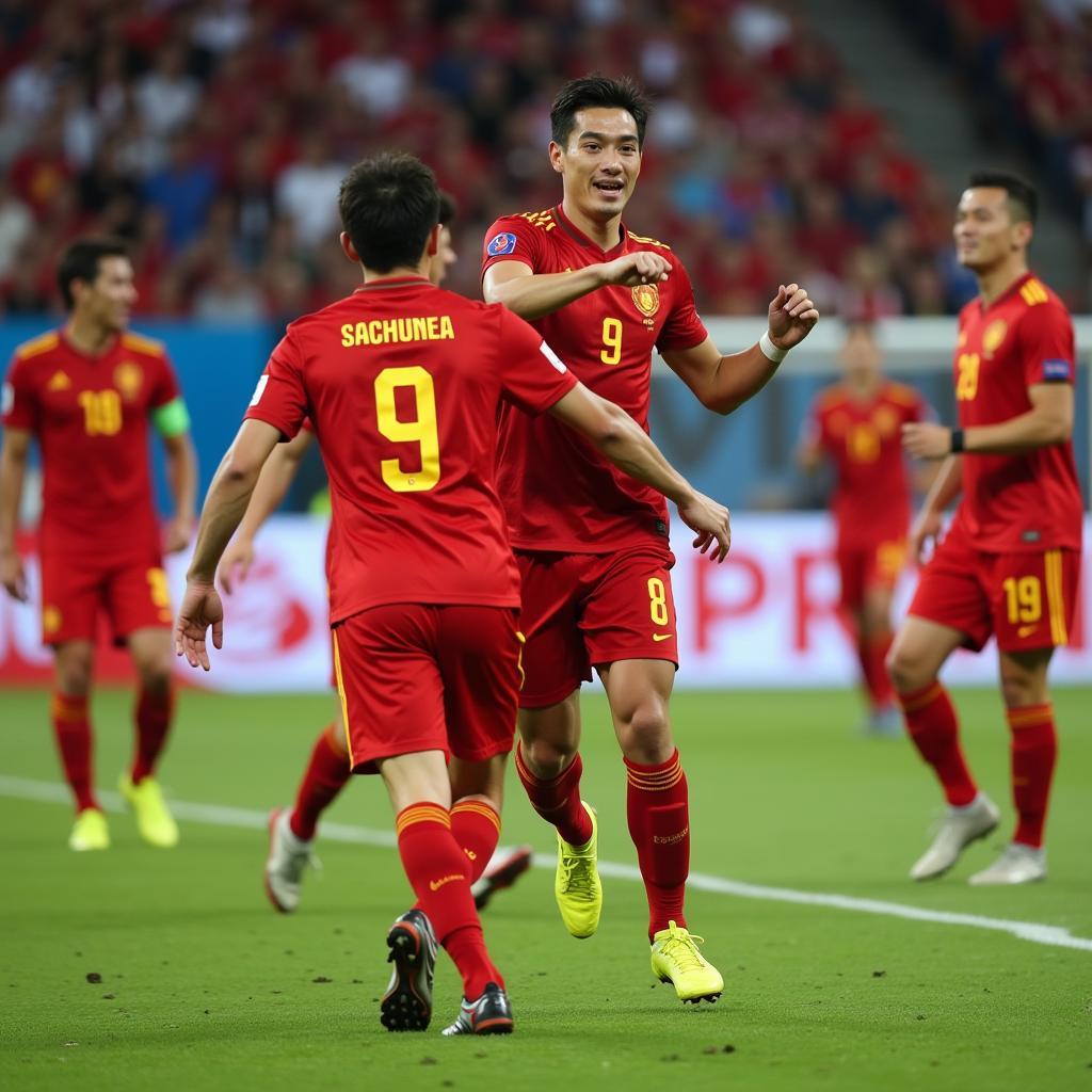 Vietnamese striker celebrating a goal