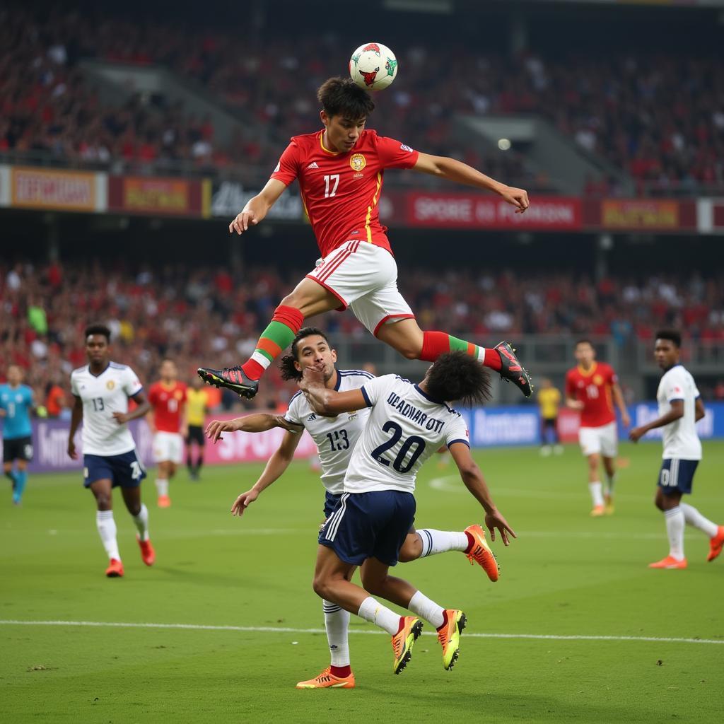 Vietnamese U19 player jumps to head the ball during a match