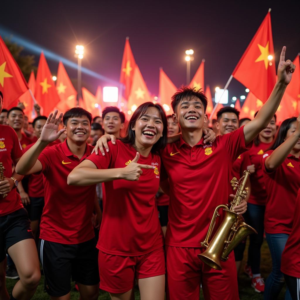 Vietnamese U23 football fans celebrating a victory with music and flags