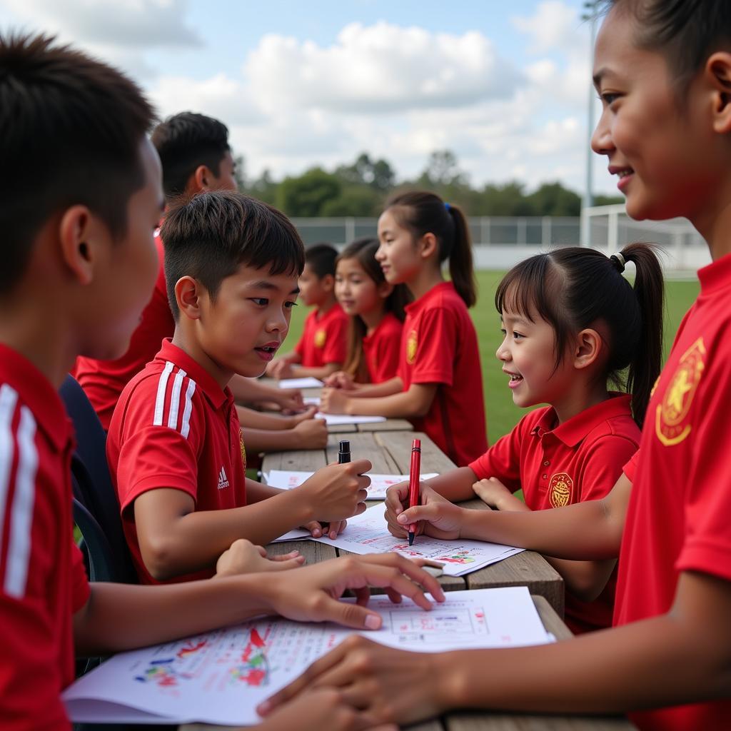 Vietnamese U23 player signing autographs for young fans