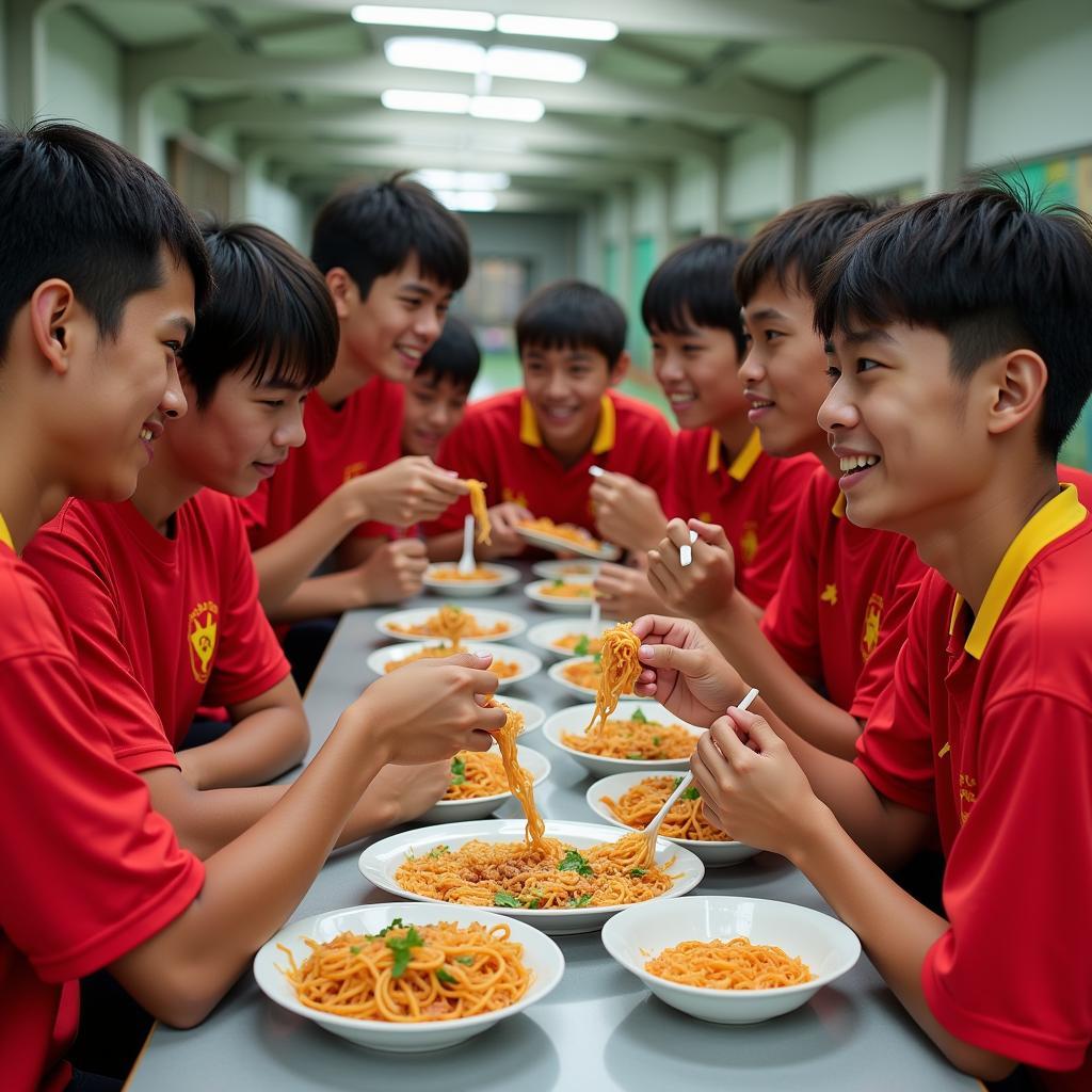 Vietnamese U23 team eating instant noodles together