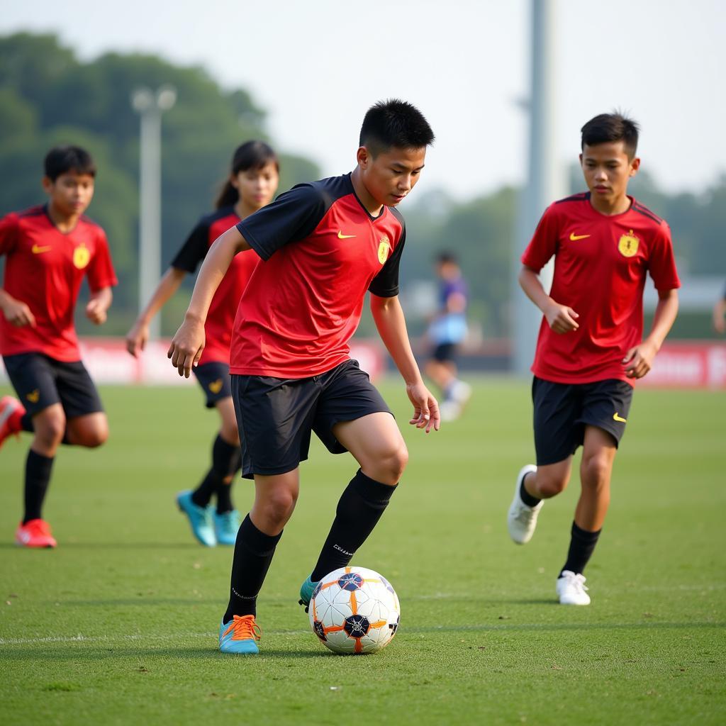 Vietnamese youth football players training diligently