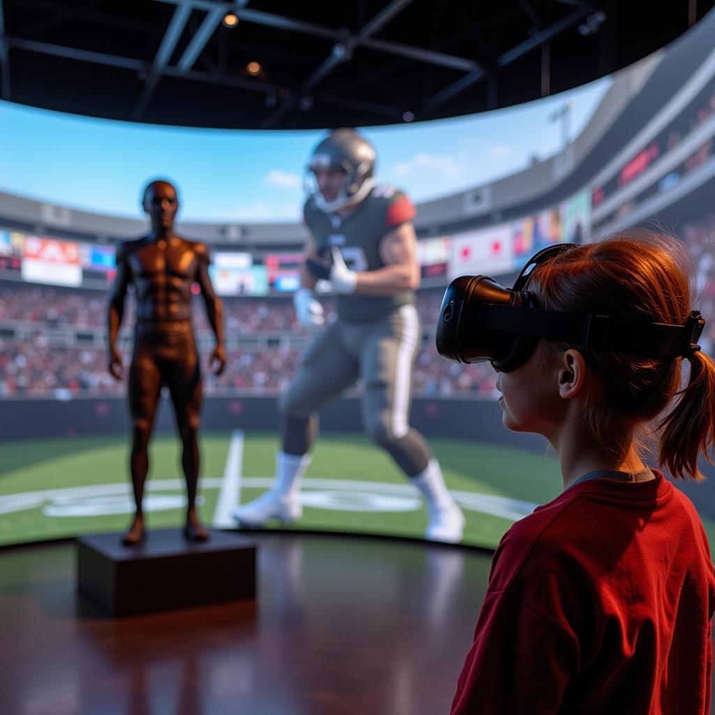 A young fan wearing a VR headset, interacting with a virtual representation of a football player statue.