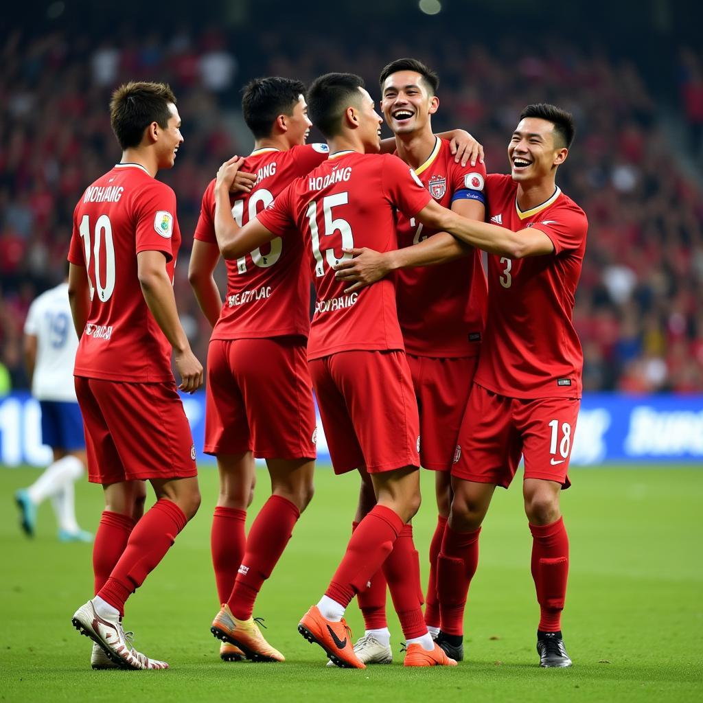 Vo Nguyen Hoang celebrating a goal with his team