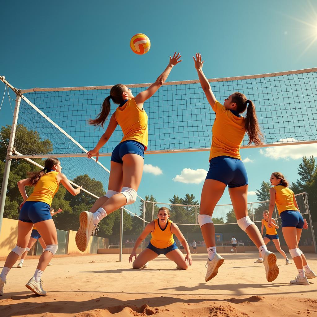 Volleyball players in action during a match