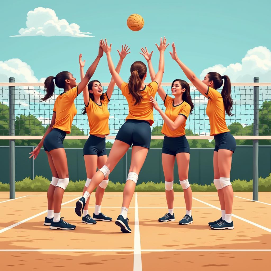 Volleyball players forming a strong block at the net