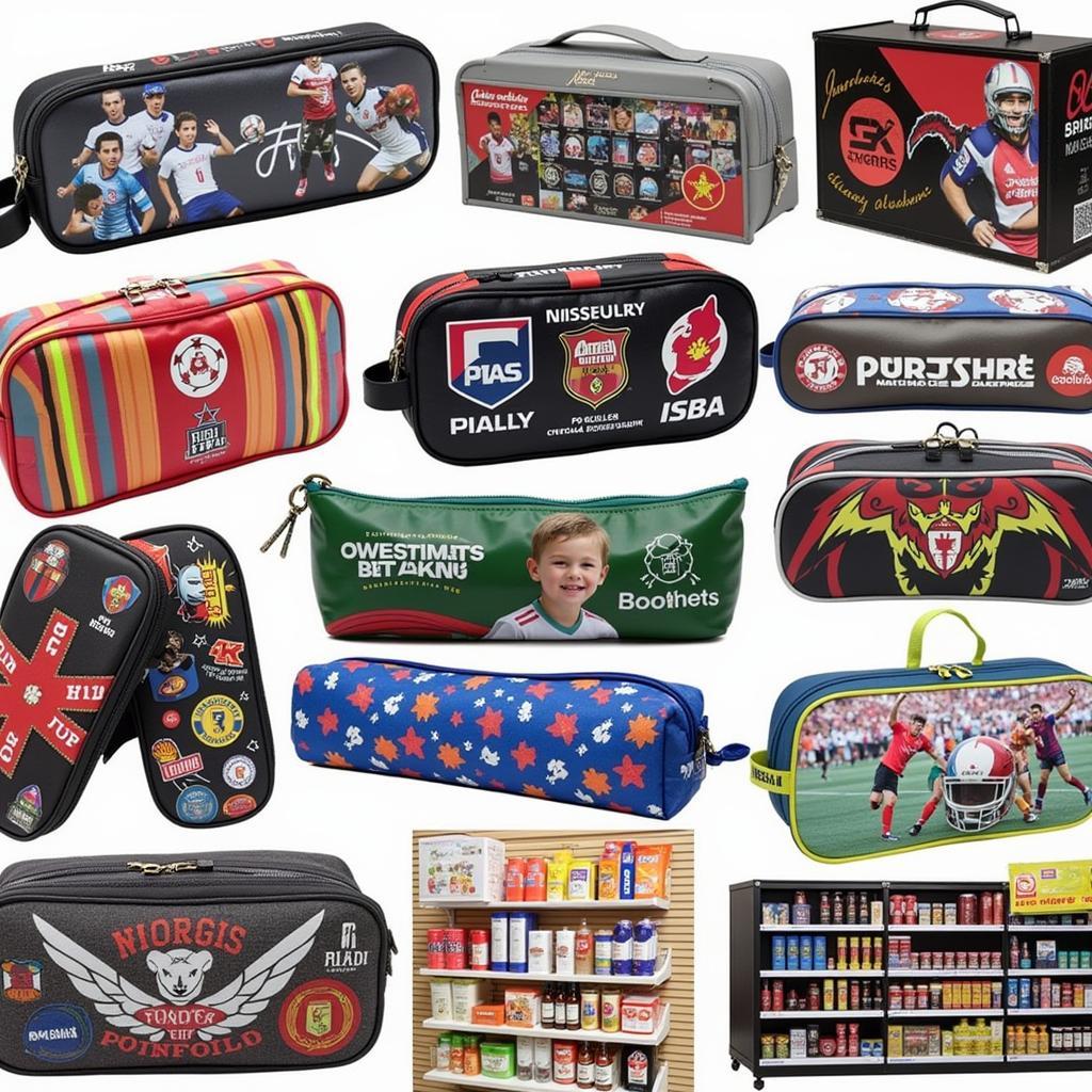 Various online and physical stores selling football player pencil cases.