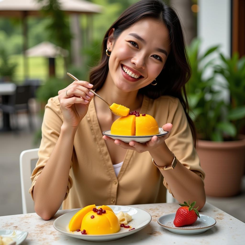 A Vietnamese woman smiling as she enjoys a traditional mango dessert made with "cau muong dao thu thua Long An"