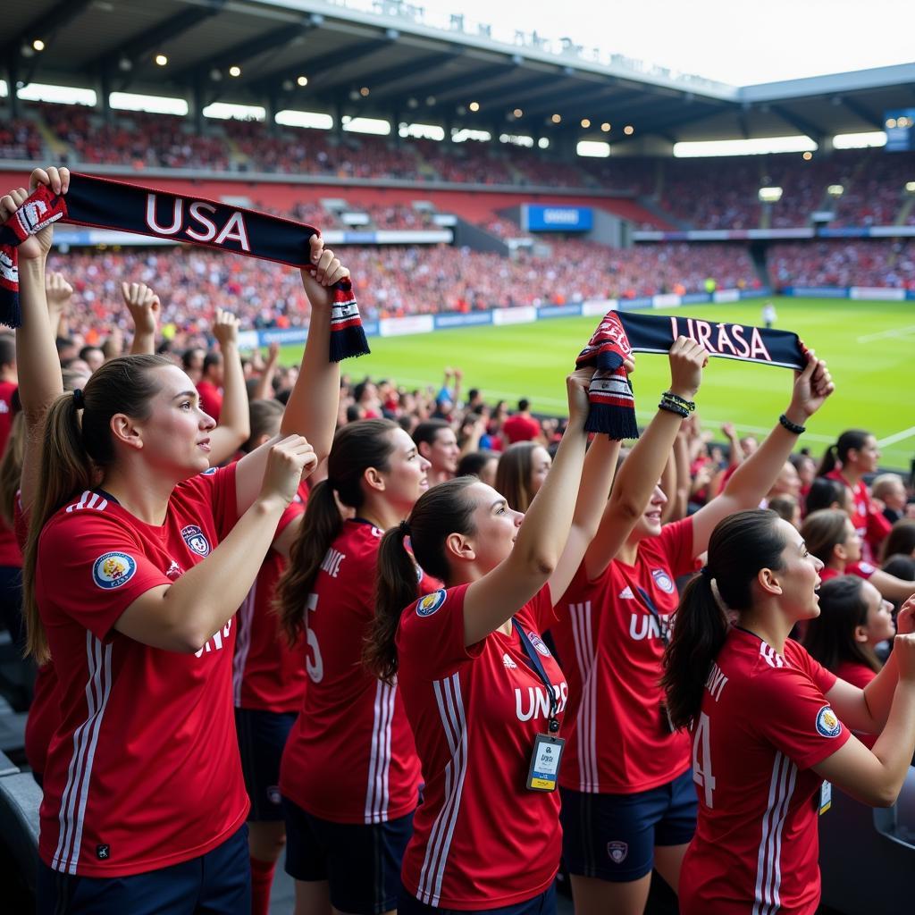 Cheering crowd at a women's football match