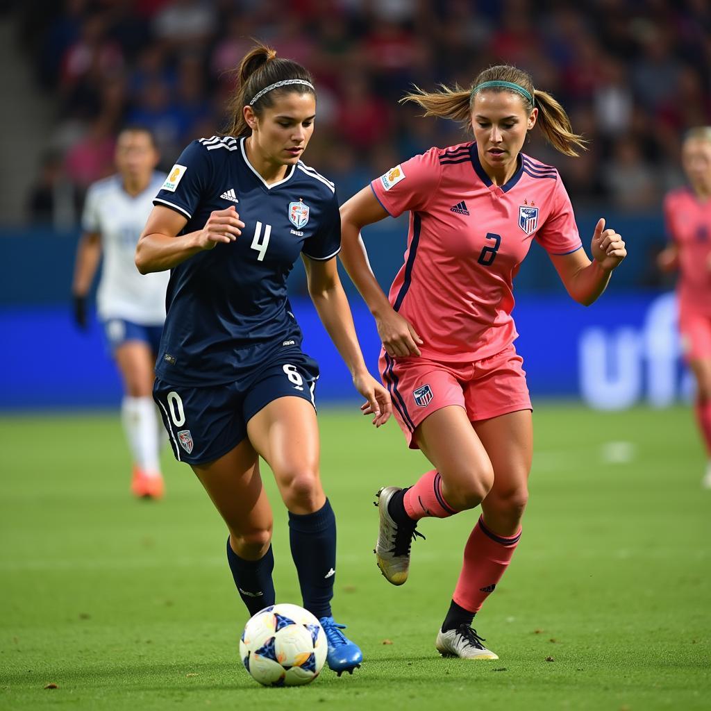 Skilled female indoor soccer player maneuvering the ball