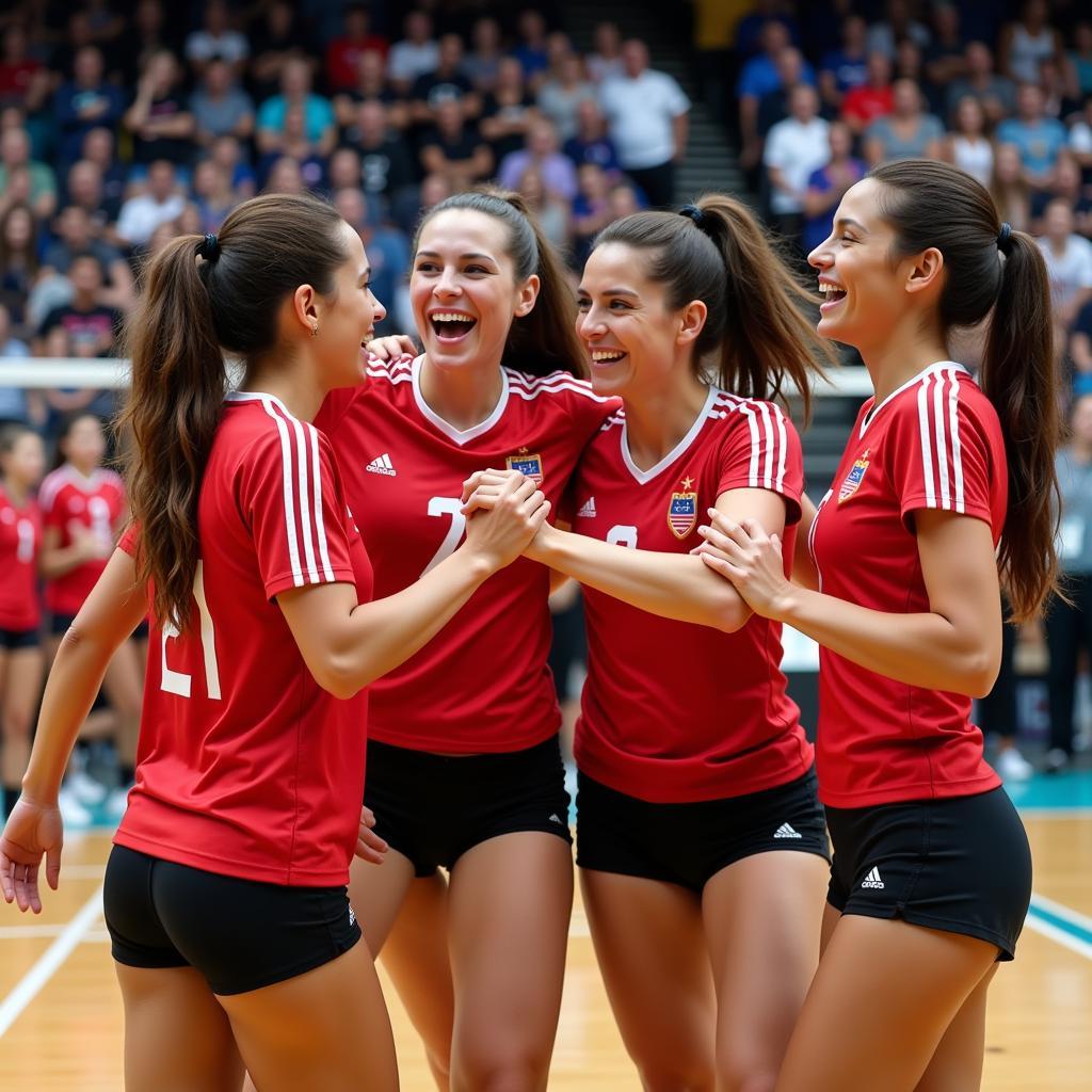 Women's volleyball team celebrates a hard-fought victory