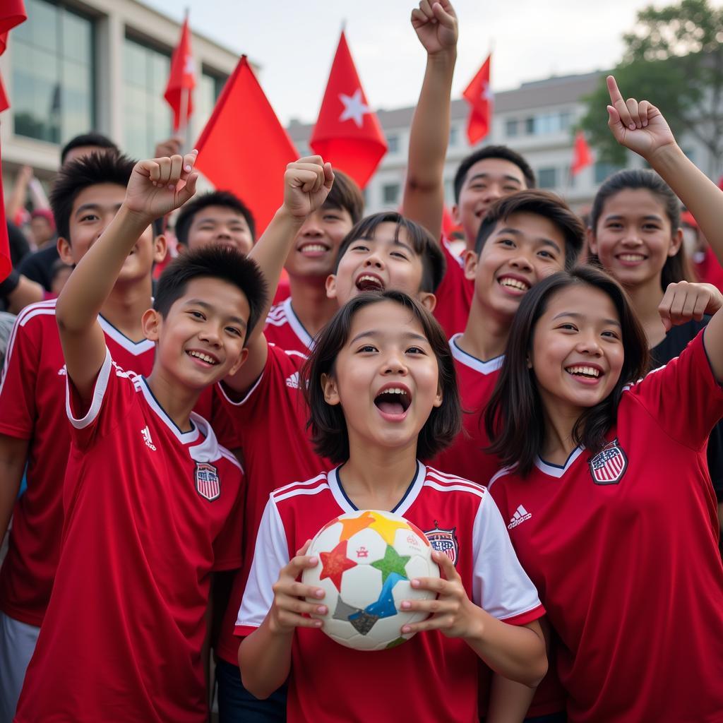  Young Asian Football Fans Celebrating 