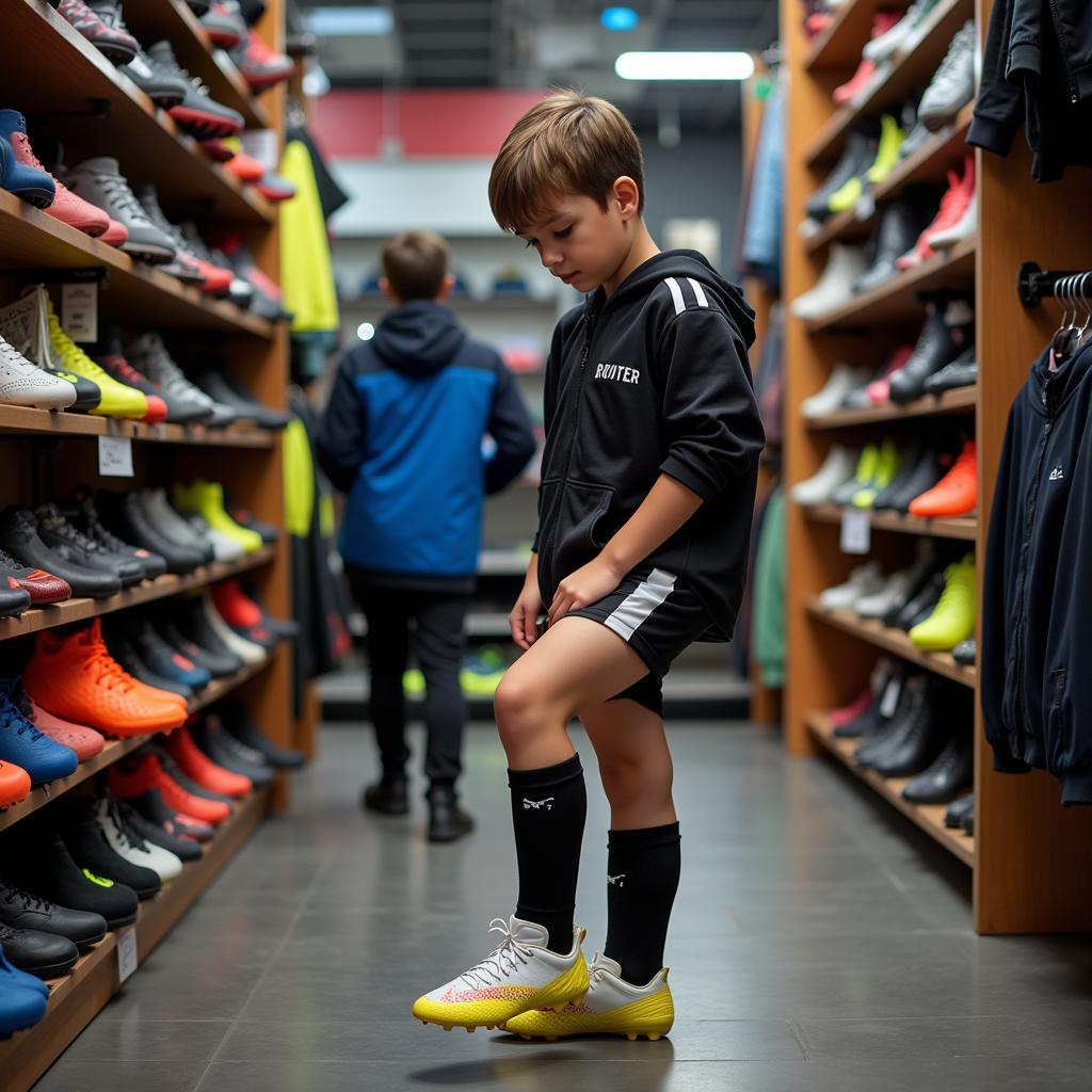 A young football player trying on football boots