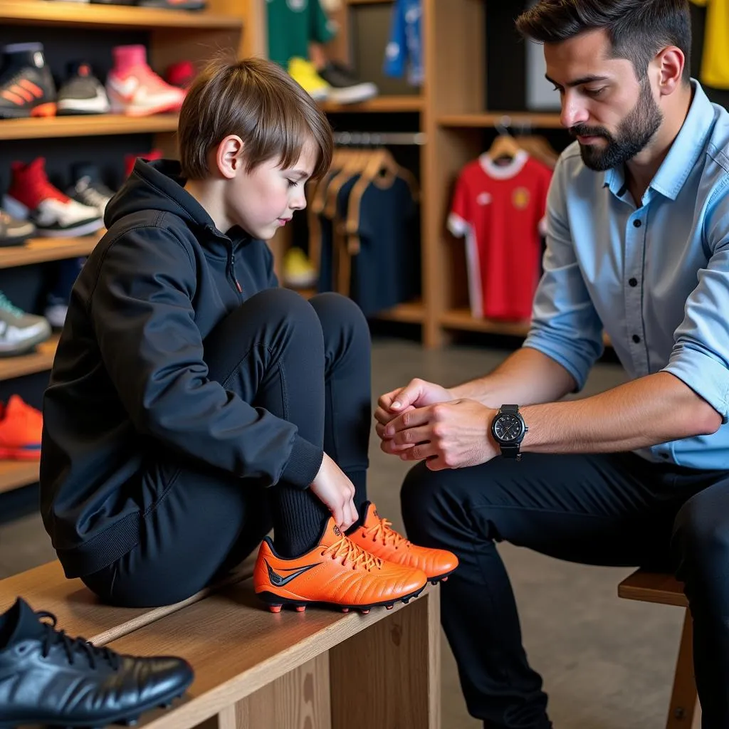 Young athlete trying on a pair of Haaland football boots with assistance from a parent.