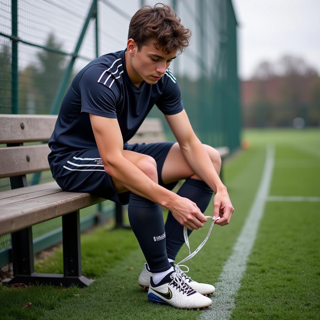 Young athlete laces up his Haaland football boots