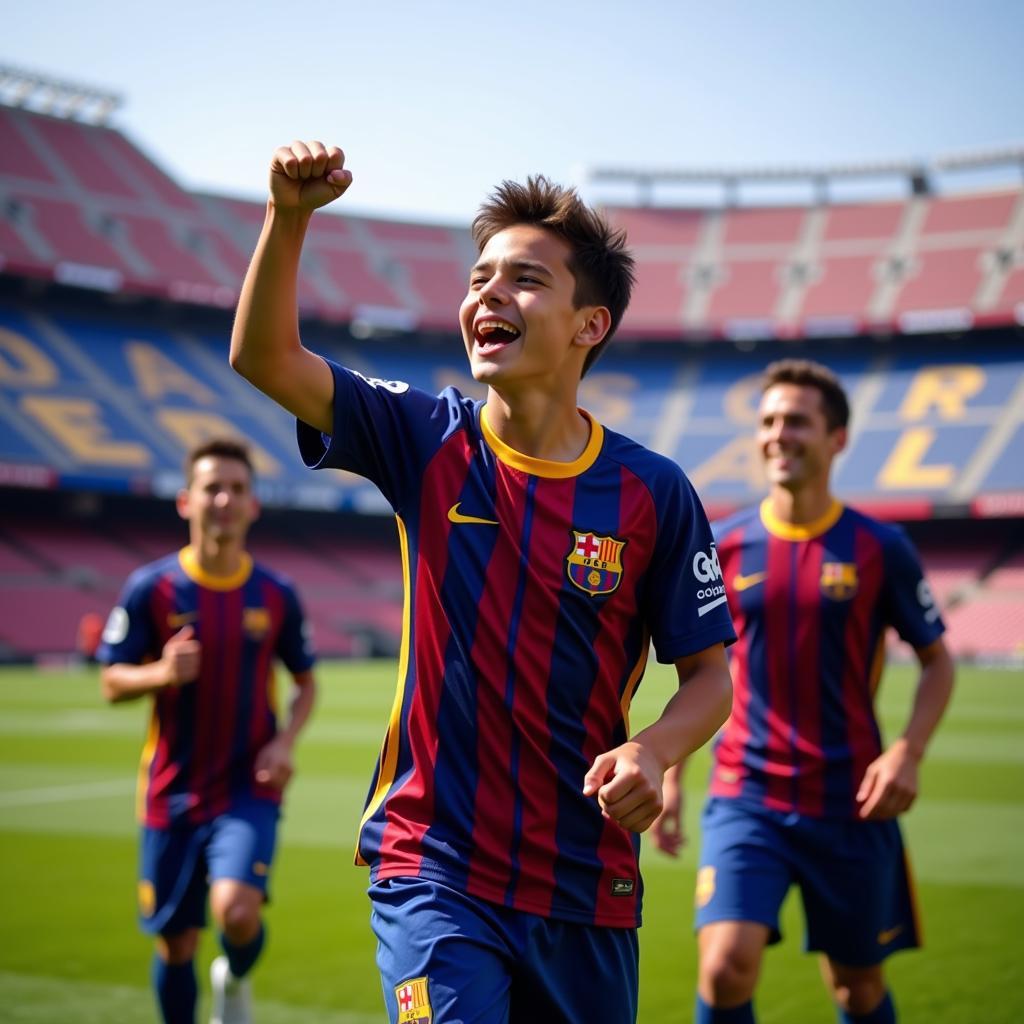 Young Barca player celebrating a goal