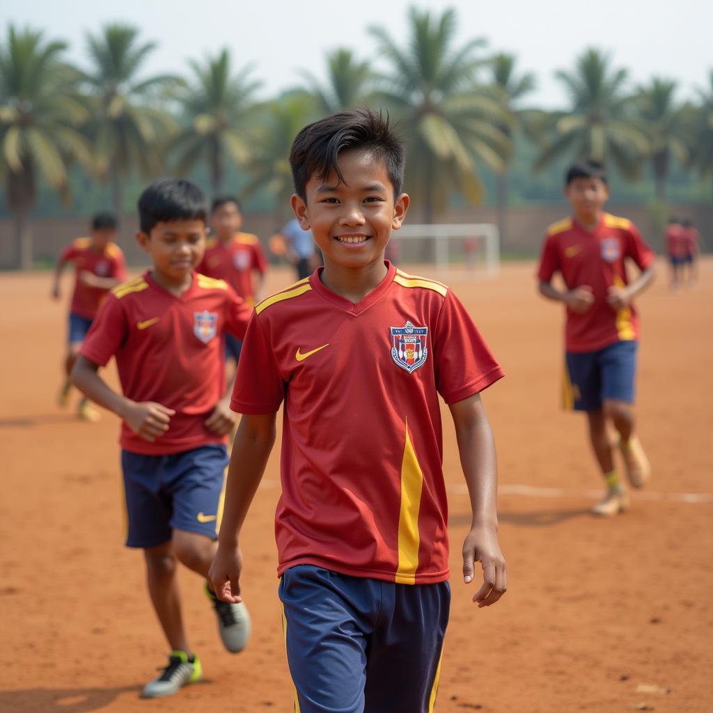 Young Cambodian football players training