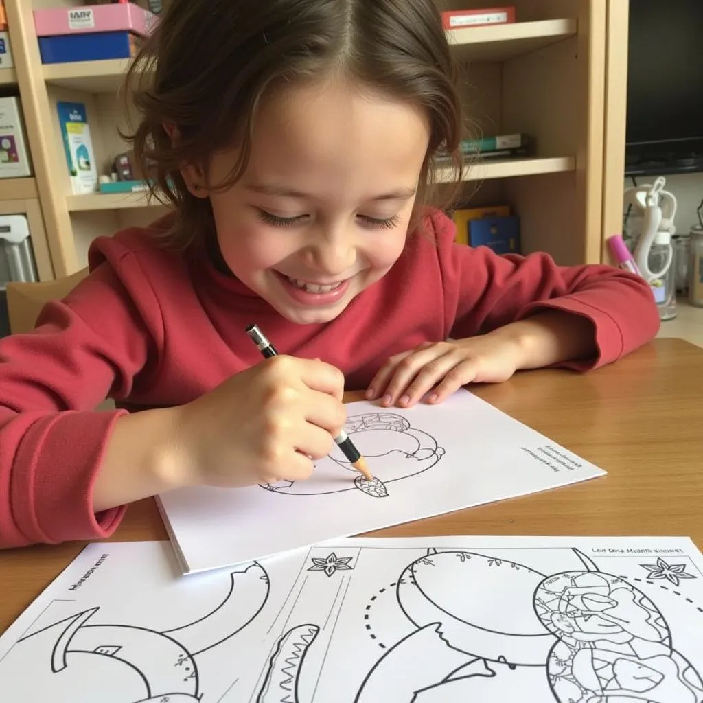 A young fan fully engrossed in coloring a picture of Erling Haaland, tongue sticking out in concentration.