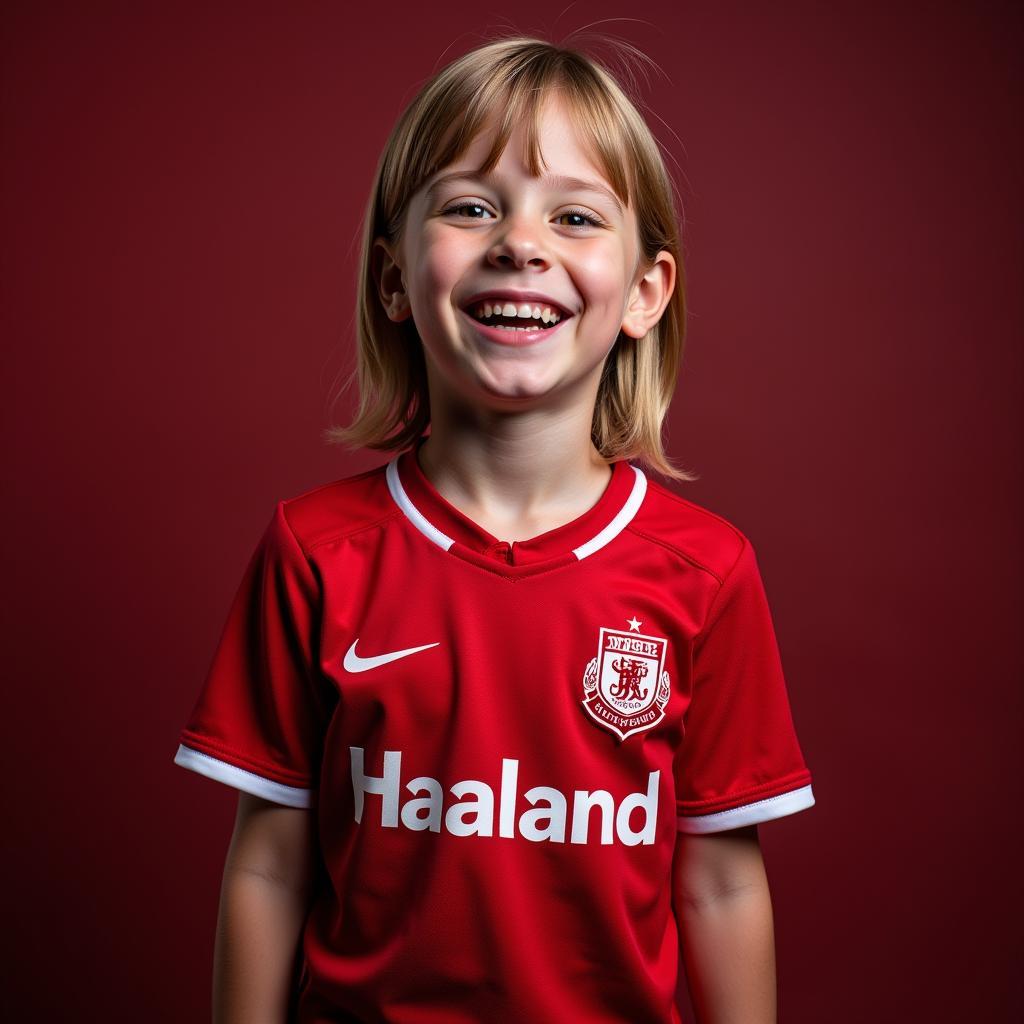 A young fan proudly wearing a Haaland Norway jersey